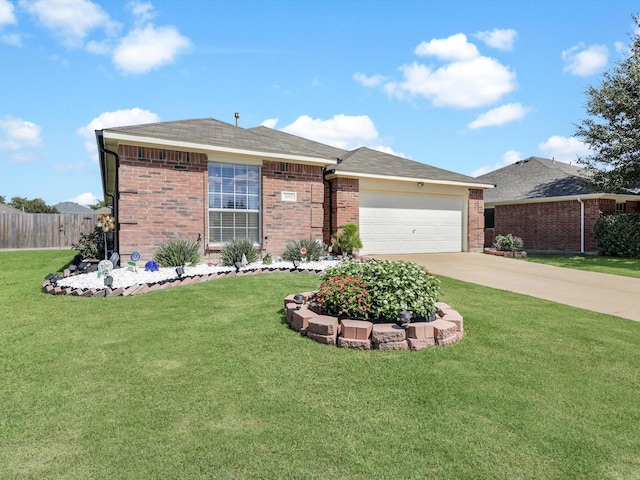 ranch-style house with a front yard and a garage