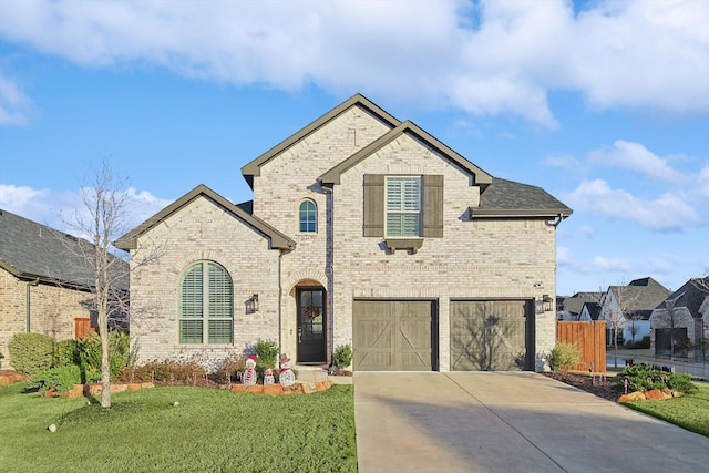 french country style house featuring a garage and a front lawn