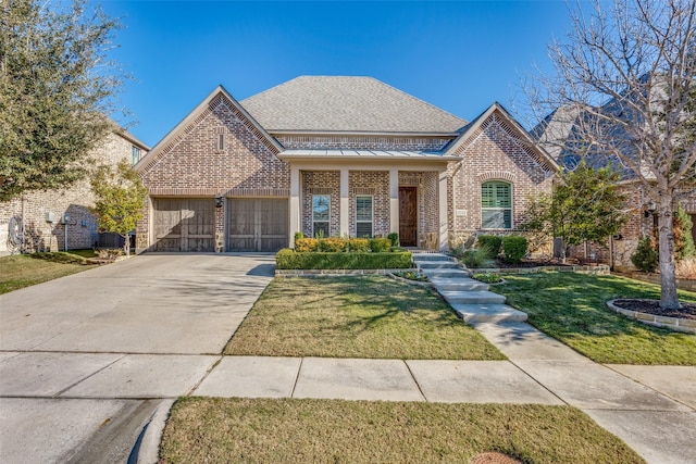 view of front of property featuring a garage and a front lawn