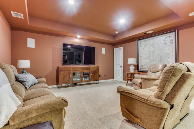 living room featuring a raised ceiling and carpet