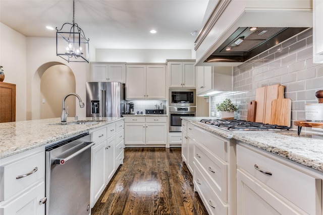 kitchen featuring decorative backsplash, appliances with stainless steel finishes, custom exhaust hood, dark wood-type flooring, and sink