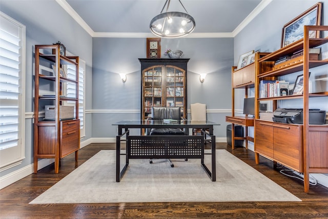 office area featuring ornamental molding and dark hardwood / wood-style floors