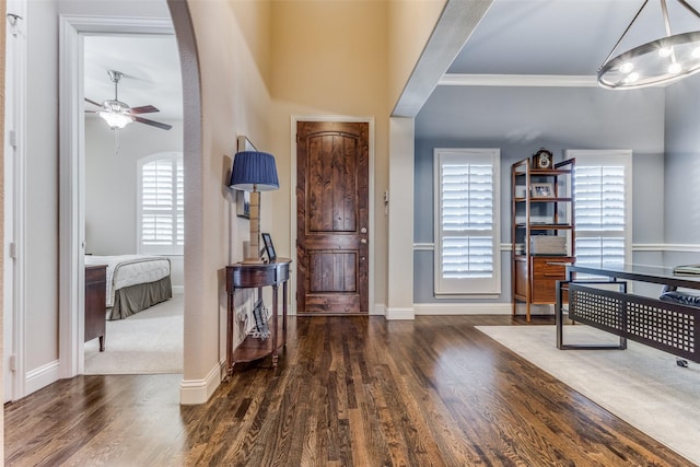 foyer entrance featuring crown molding, dark wood-type flooring, and ceiling fan