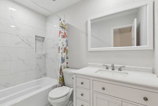 full bathroom with vanity, toilet, and shower / bathtub combination with curtain