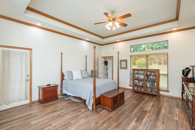 bedroom with a tray ceiling, ceiling fan, and dark wood-type flooring