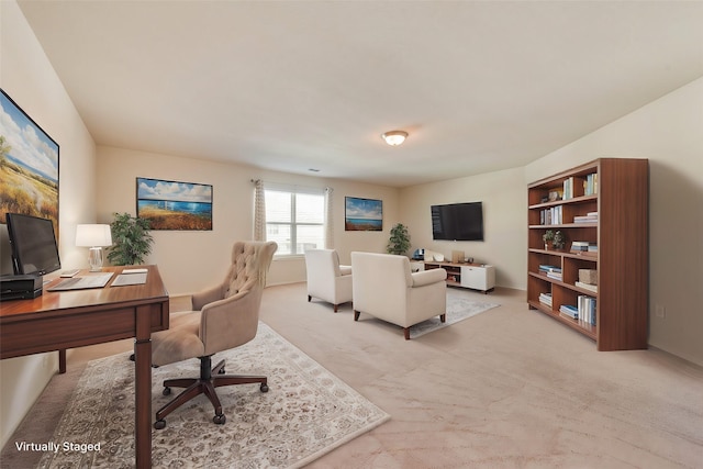 home office featuring light carpet