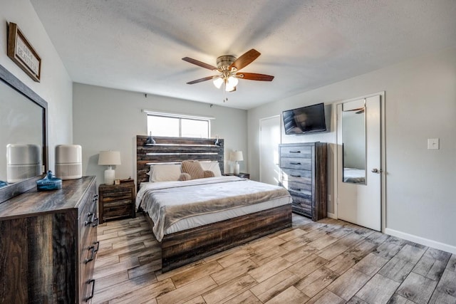 bedroom featuring a textured ceiling and ceiling fan