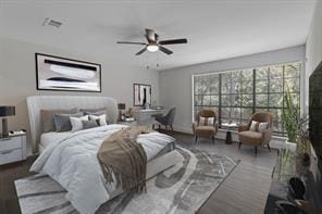 bedroom with ceiling fan and dark hardwood / wood-style floors