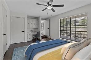 bedroom featuring ceiling fan and dark hardwood / wood-style flooring