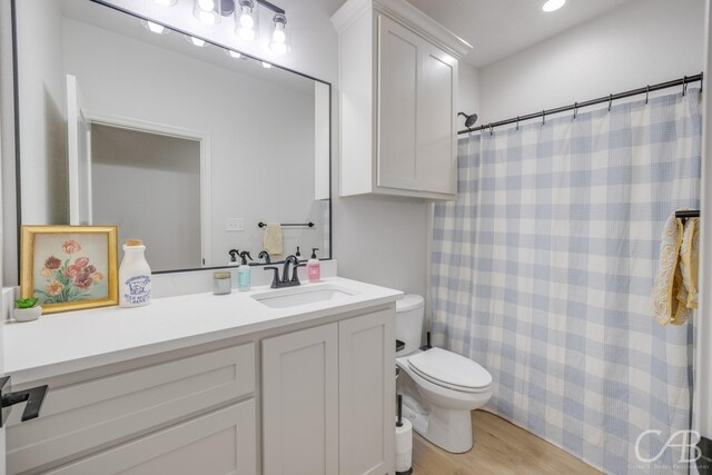 bathroom with a shower with curtain, toilet, vanity, and hardwood / wood-style flooring