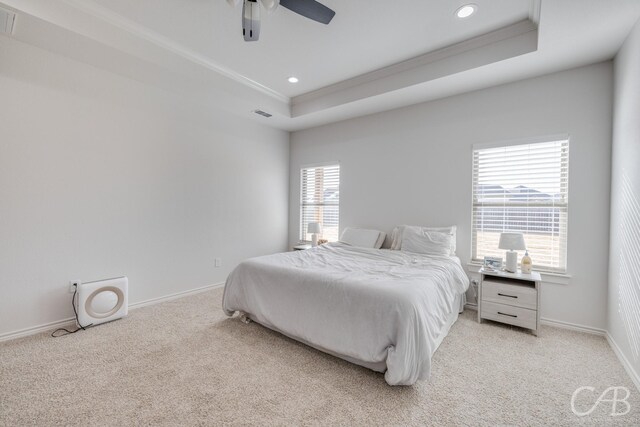 carpeted bedroom with ceiling fan, a raised ceiling, and crown molding