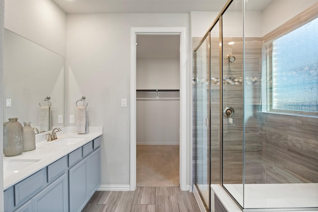 bathroom with vanity and a shower with shower door