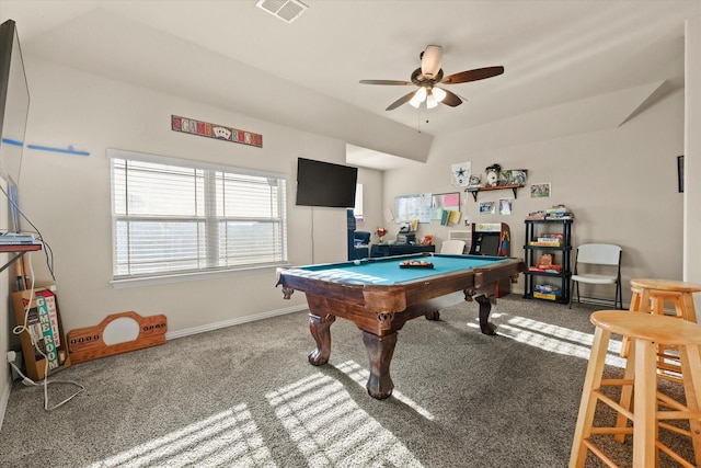 playroom featuring ceiling fan, carpet, and pool table