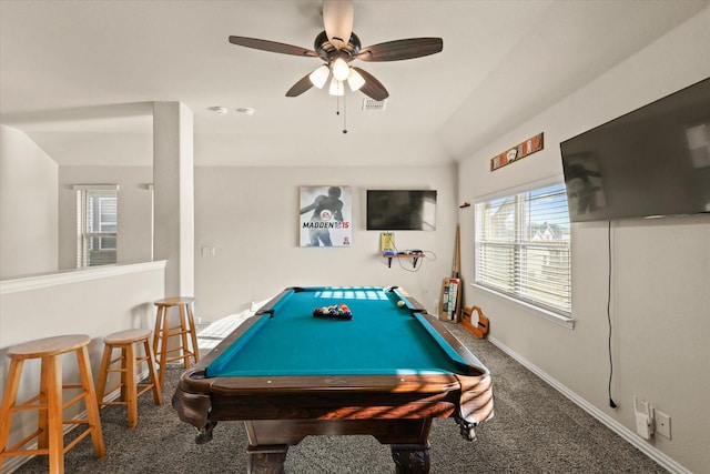 rec room with ceiling fan, carpet, vaulted ceiling, and billiards