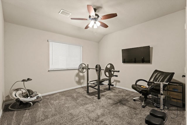 exercise area featuring ceiling fan, carpet floors, and lofted ceiling