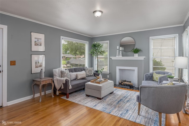 living room with hardwood / wood-style floors and crown molding