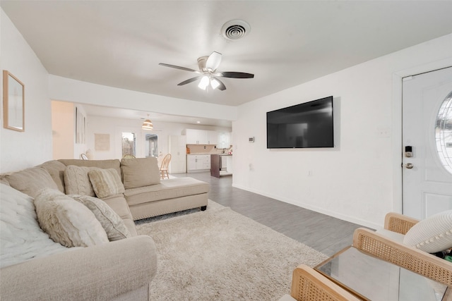 living room featuring ceiling fan and hardwood / wood-style floors