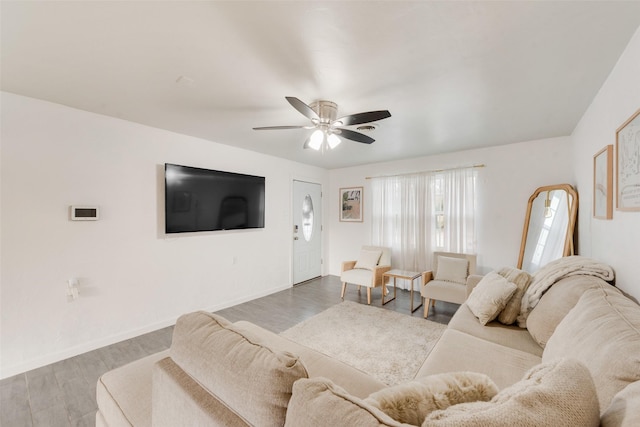 living room with hardwood / wood-style floors and ceiling fan