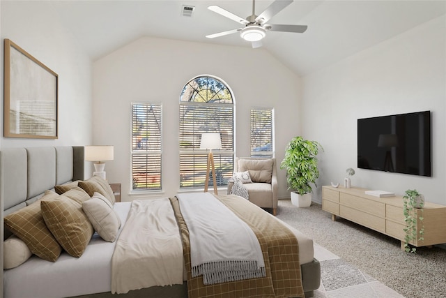 carpeted bedroom featuring ceiling fan and lofted ceiling