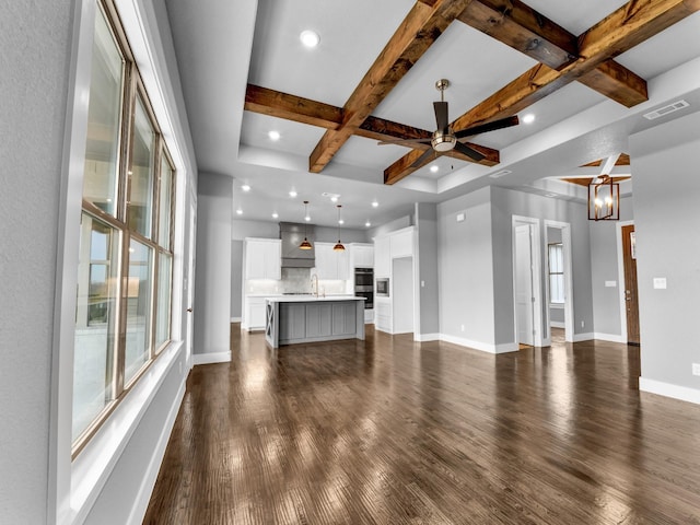 unfurnished living room featuring sink, coffered ceiling, beamed ceiling, dark hardwood / wood-style floors, and ceiling fan with notable chandelier