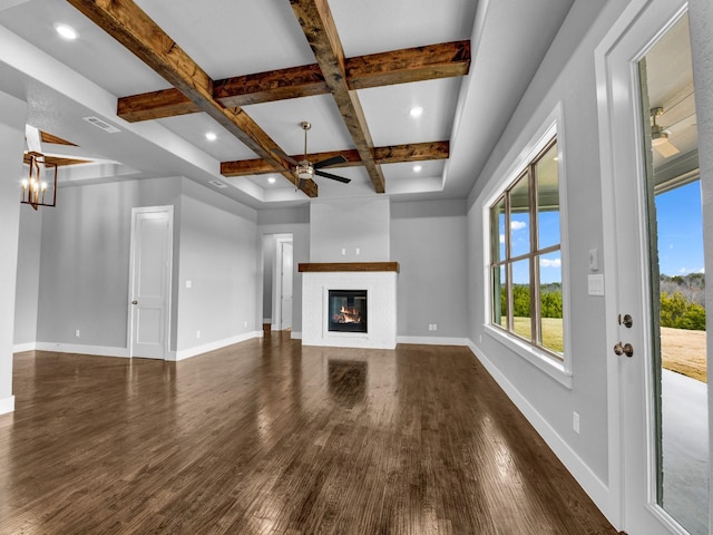 170 Fan Mill Trl, Weatherford, TX 76085 - unfurnished living room featuring visible vents, coffered ceiling, ceiling fan, and wood finished floors