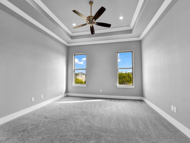 170 Fan Mill Trl, Weatherford, TX 76085 - carpeted empty room featuring baseboards, ornamental molding, ceiling fan, and a tray ceiling