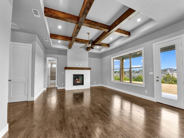 170 Fan Mill Trl, Weatherford, TX 76085 - unfurnished living room featuring a ceiling fan, baseboards, wood finished floors, visible vents, and coffered ceiling