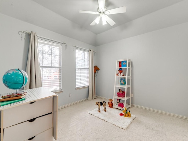 recreation room featuring ceiling fan and light carpet