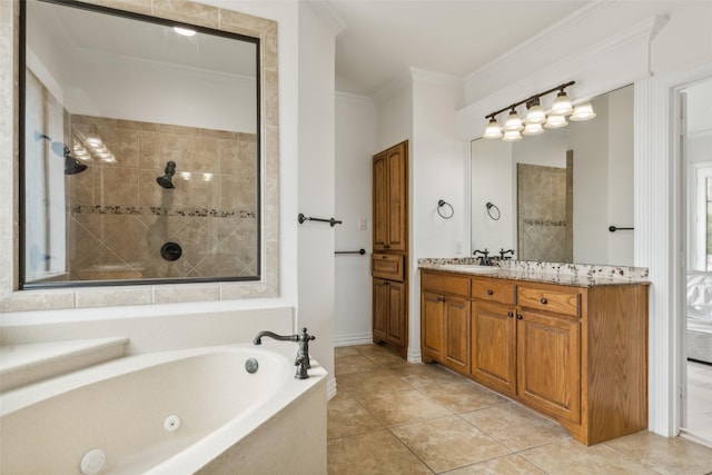 bathroom featuring tile patterned flooring, vanity, shower with separate bathtub, and ornamental molding