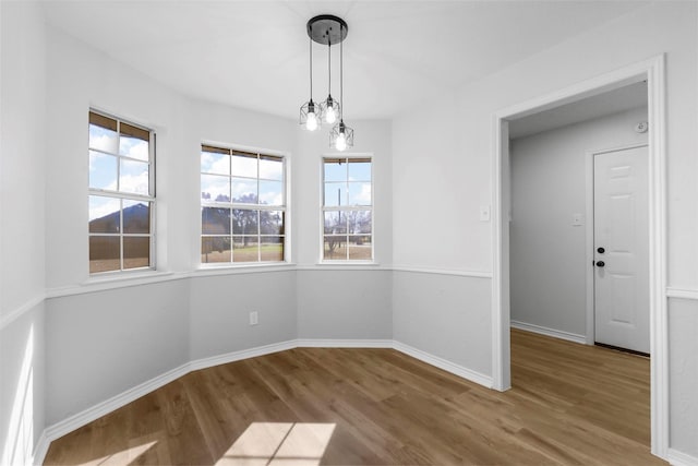 unfurnished dining area with a chandelier and hardwood / wood-style flooring