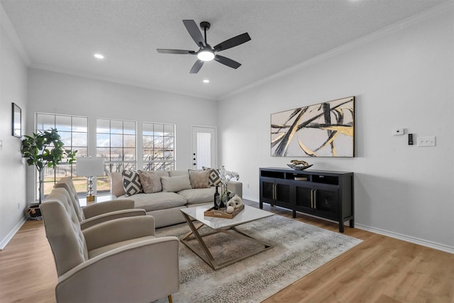 living room with crown molding, light hardwood / wood-style flooring, ceiling fan, and a textured ceiling