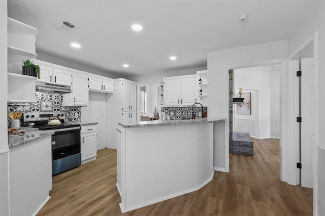 kitchen featuring stainless steel range with electric stovetop, dark hardwood / wood-style flooring, and white cabinets