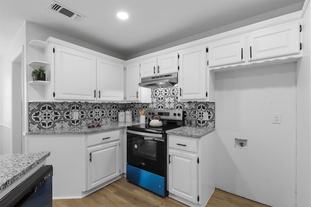 kitchen with white cabinets, wood-type flooring, electric stove, and black dishwasher