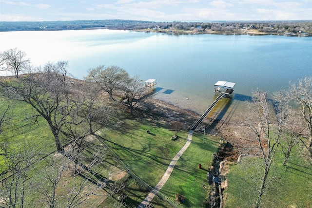 drone / aerial view featuring a water view