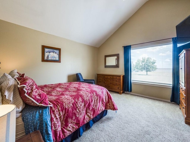 bedroom featuring carpet flooring and lofted ceiling