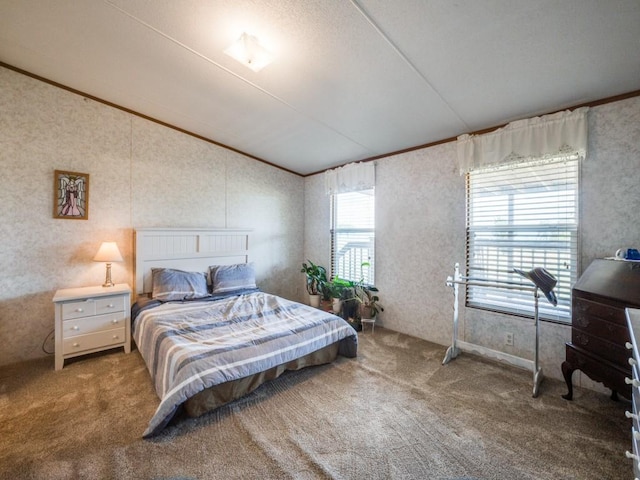 carpeted bedroom featuring ornamental molding