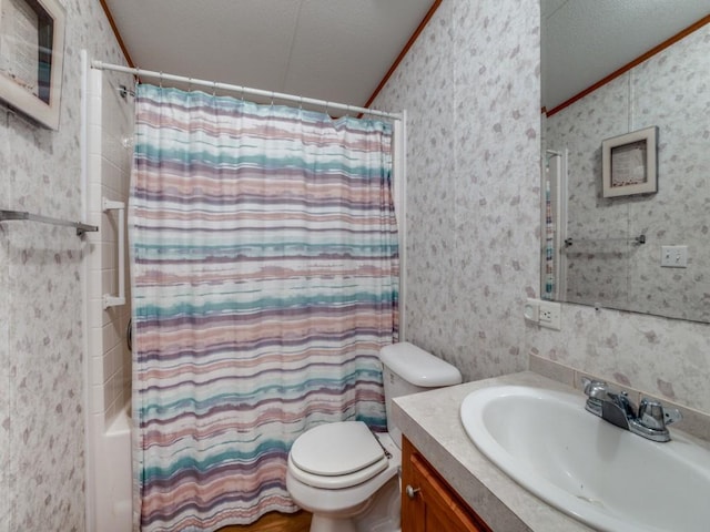 full bathroom featuring vanity, a textured ceiling, crown molding, shower / bathtub combination with curtain, and lofted ceiling