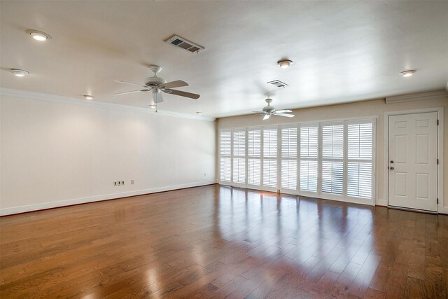 rec room with dark wood-type flooring, pool table, crown molding, and ceiling fan