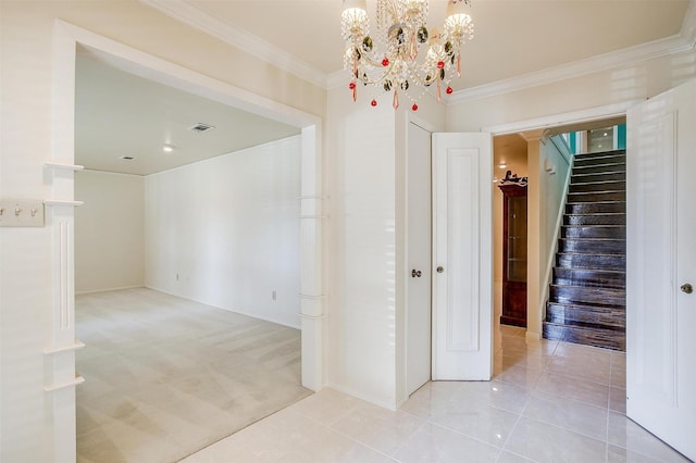 hallway with an inviting chandelier, light tile patterned floors, and ornamental molding