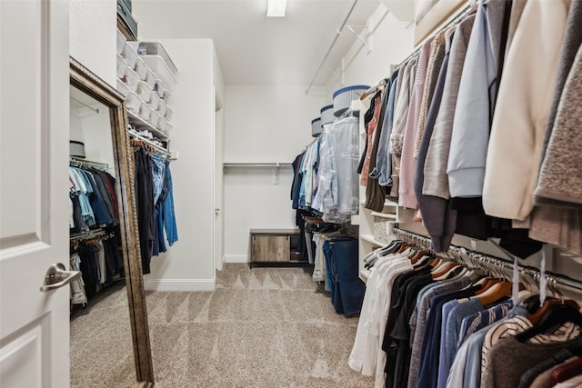 walk in closet featuring light carpet