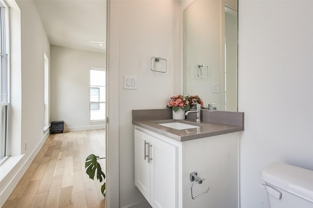 bathroom featuring vanity, toilet, and wood-type flooring