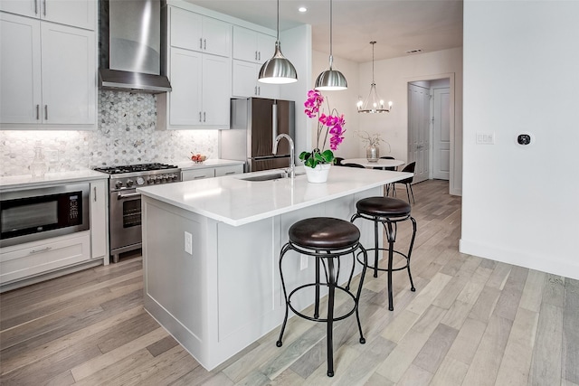 kitchen with sink, an island with sink, pendant lighting, stainless steel appliances, and wall chimney range hood