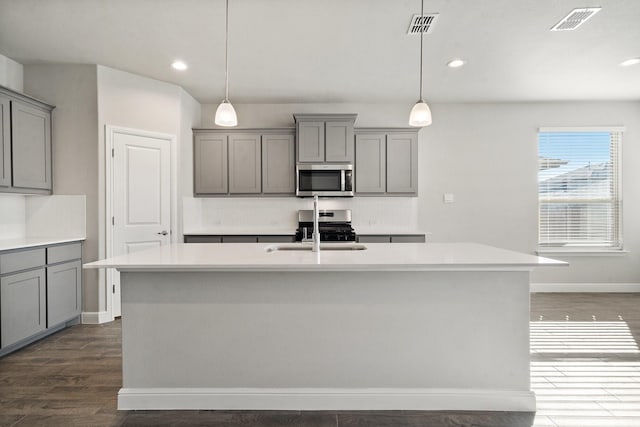 kitchen featuring gray cabinets, sink, a kitchen island with sink, and appliances with stainless steel finishes