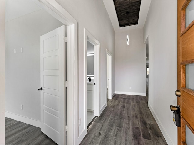 hall with dark hardwood / wood-style flooring and a raised ceiling