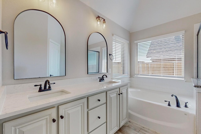 bathroom featuring a bath, vanity, and wood-type flooring