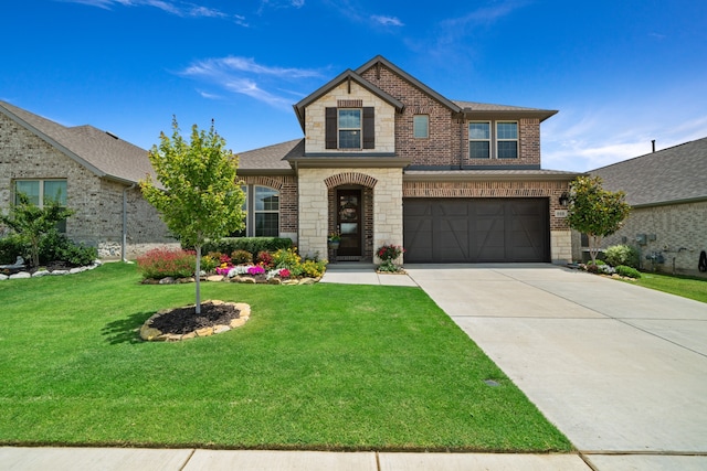 905 Bent Brook Rd, Oak Point, TX 75068 - view of front facade featuring brick siding, driveway, a garage, a front lawn, and stone siding