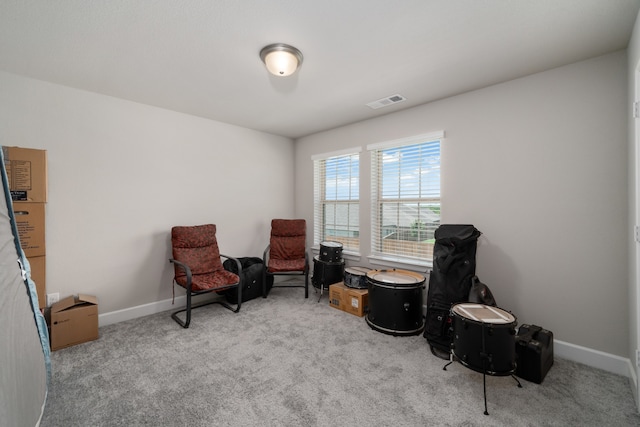 sitting room featuring light carpet