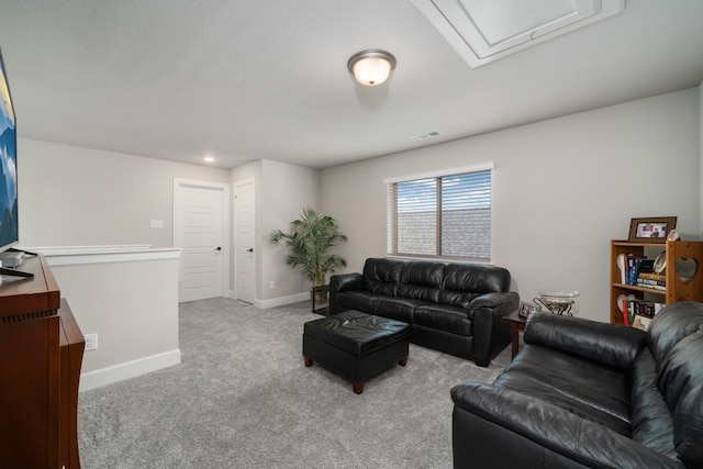 living room featuring light colored carpet