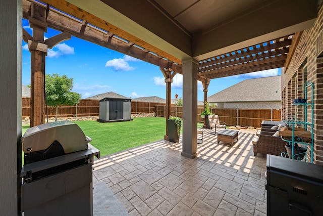 view of patio / terrace with outdoor lounge area, a shed, and grilling area