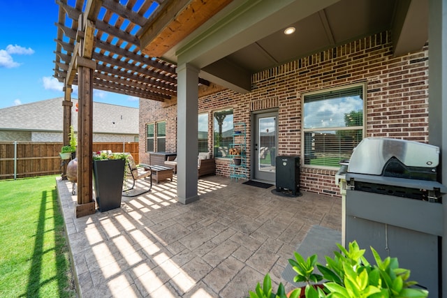 view of patio featuring a pergola, grilling area, and an outdoor living space